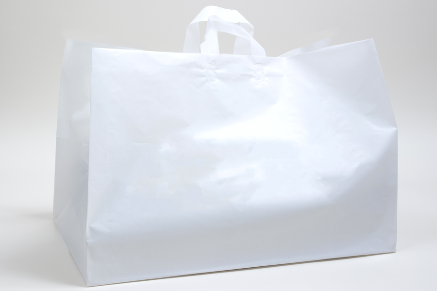 22 X 14 X 15 WHITE PLASTIC CATERING BAGS WITH SOFT LOOP HANDLES - 3.25 mil