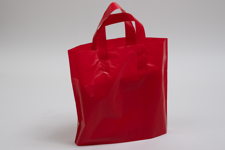 12 x 10 + 4 RED FROSTED SOFT LOOP HANDLE AMERITOTE PLASTIC BAGS - 2.25 mil