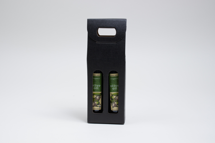 4.25 X 2.125 X 12” - BLACK LINEN OLIVE OIL BOTTLE CARRIERS WITH WINDOWS - 200ML