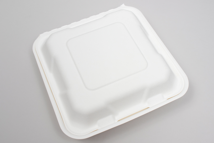 7-7/8 x 8 x 2-1/2 BAGASSE COMPOSTABLE CLAMSHELL FOOD TAKEOUT BOXES