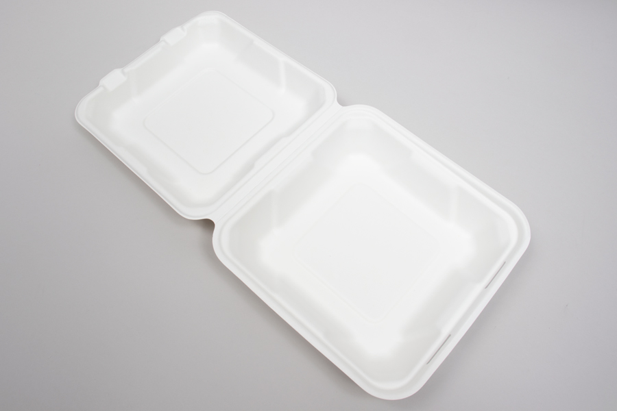 7-7/8 x 8 x 2-1/2 BAGASSE COMPOSTABLE CLAMSHELL FOOD TAKEOUT BOXES