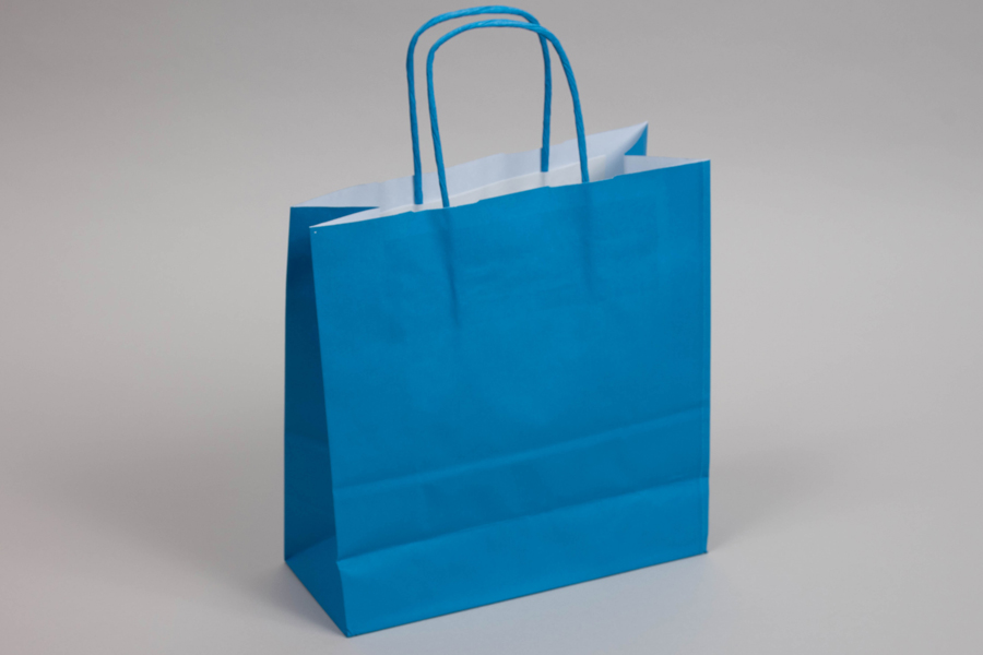8-3/4 x 3-1/2 x 9 BRIGHT PROCESS BLUE TINTED PAPER SHOPPING BAGS