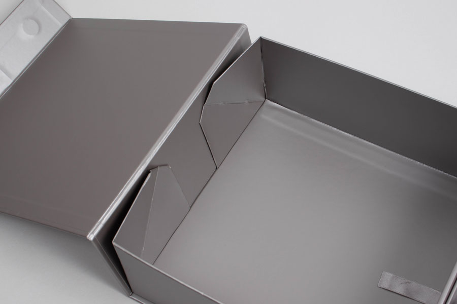 8 x 8 x 3-1/8  MATTE SILVER MAGNETIC LID GIFT BOXES WITH RIBBON