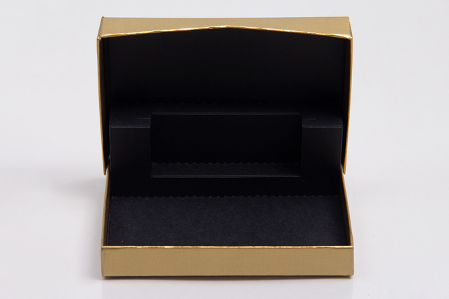 4-5/8 x 3-3/8 x 5/8 GOLD LINEN GIFT CARD BOX WITH BLACK POP-UP INSERT