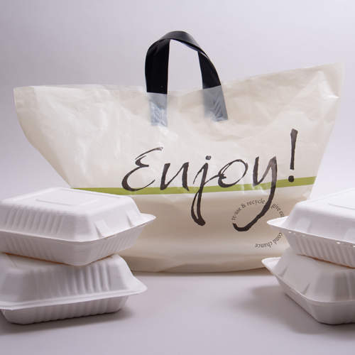 24 x 14 x 11 CREAM “ENJOY” SOFT LOOP HANDLE PLASTIC CARRYOUT BAGS