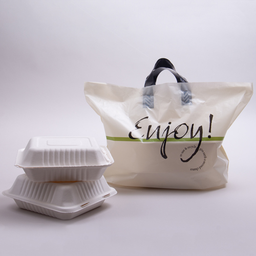 19 x 12 x 9 CREAM “ENJOY” SOFT LOOP HANDLE PLASTIC CARRYOUT BAGS