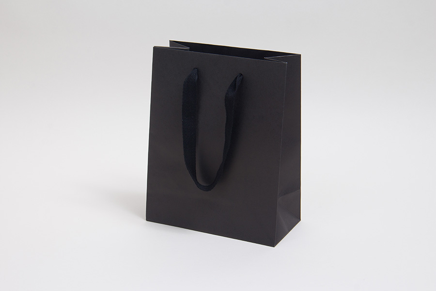 8 x 4 x 10 MATTE BLACK TINTED PAPER EUROTOTES - TWILL RIBBON HANDLES
