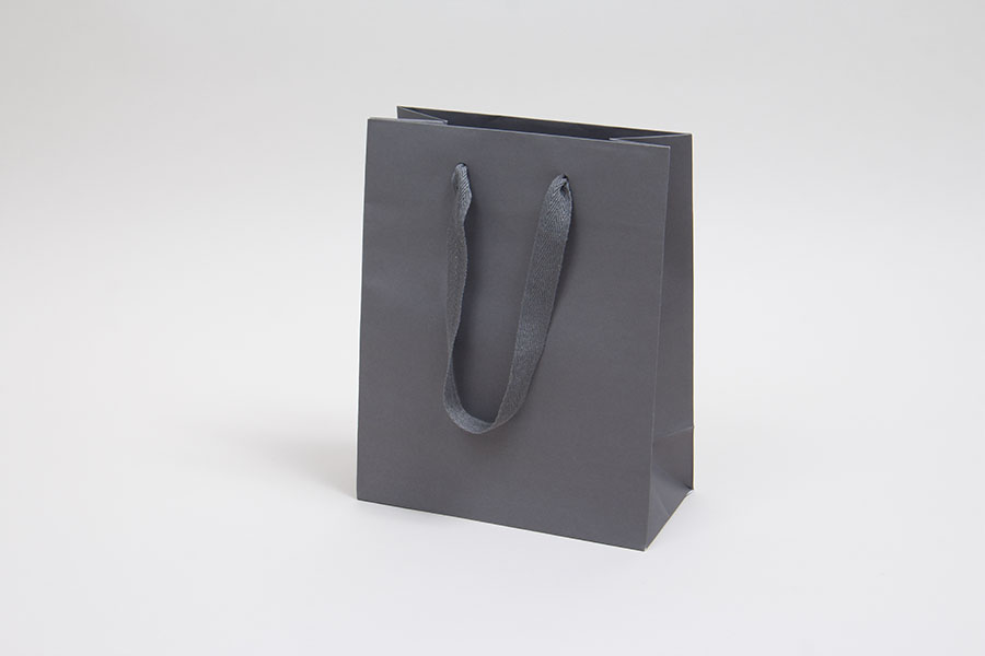 8 x 4 x 10 MATTE CHARCOAL TINTED PAPER EUROTOTES - TWILL RIBBON HANDLES