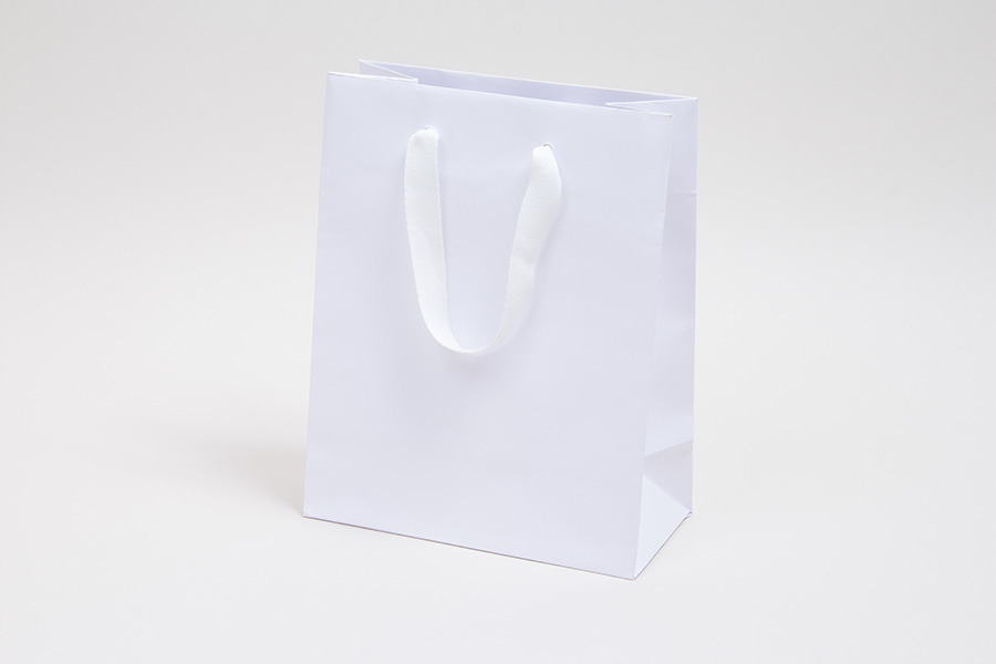 8 x 4 x 10 MATTE WHITE TINTED PAPER EUROTOTE - TWILL RIBBON HANDLES