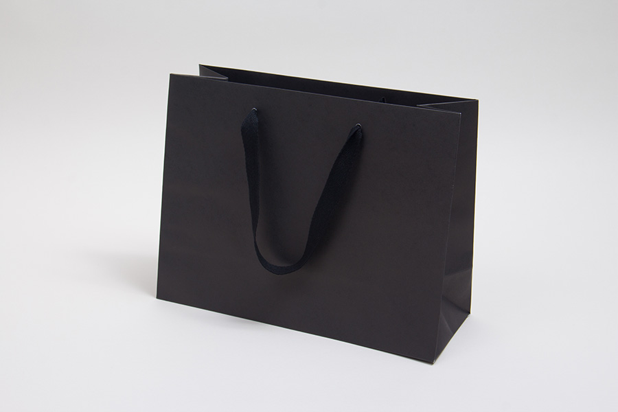 13 x 5 x 10 MATTE BLACK TINTED PAPER EUROTOTES - TWILL RIBBON HANDLES