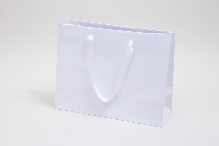 13 x 5 x 10 MATTE WHITE TINTED PAPER EUROTOTE - TWILL RIBBON HANDLES