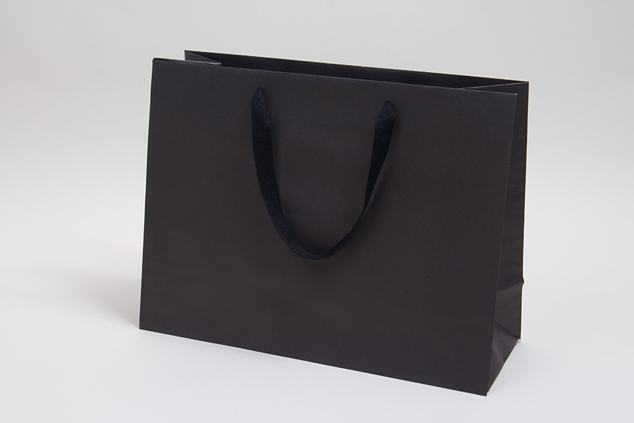 16 x 6 x 12 MATTE BLACK TINTED PAPER EUROTOTES - TWILL RIBBON HANDLES