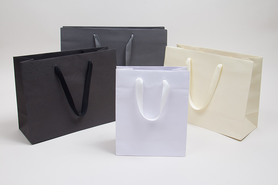 Matte Black Paper Bags, Euro Totes with Ribbon Handle