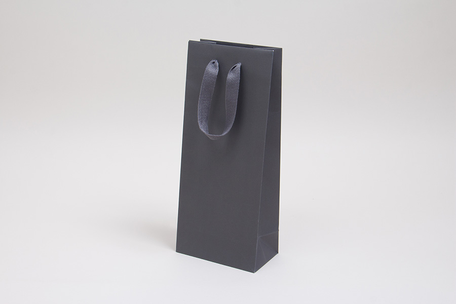 5.5 x 3.5 x 13 MATTE CHARCOAL TINTED PAPER EUROTOTES - TWILL RIBBON HANDLES