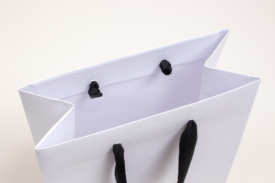 8 x 4 x 10 MATTE WHITE PAPER EUROTOTE SHOPPING BAGS - BLACK TWILL RIBBON HANDLES