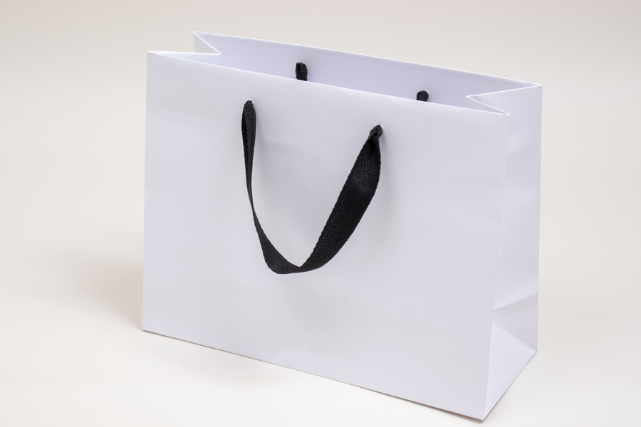 13 x 5 x 10 MATTE WHITE PAPER EUROTOTES - BLACK TWILL RIBBON HANDLES
