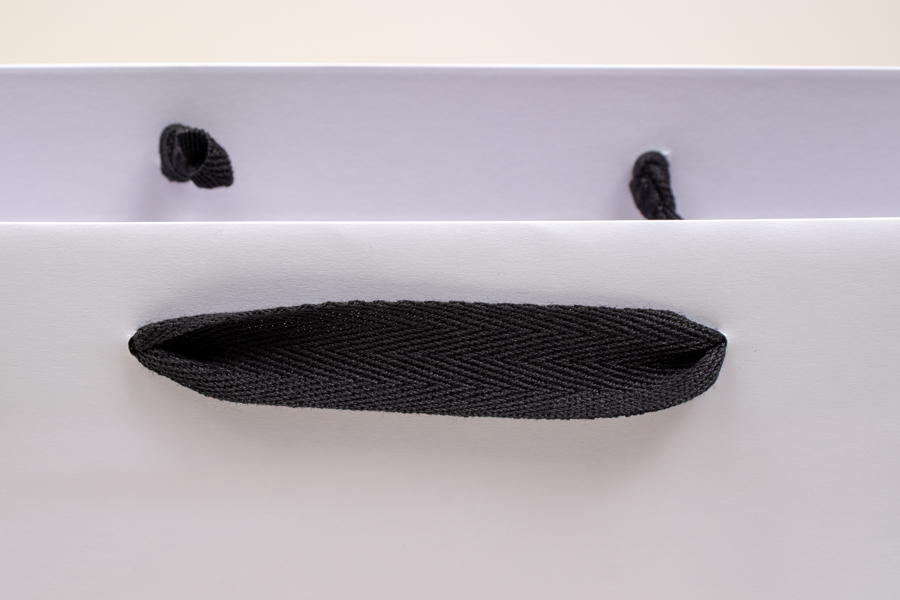 13 x 5 x 10 MATTE WHITE PAPER EUROTOTES - BLACK TWILL RIBBON HANDLES