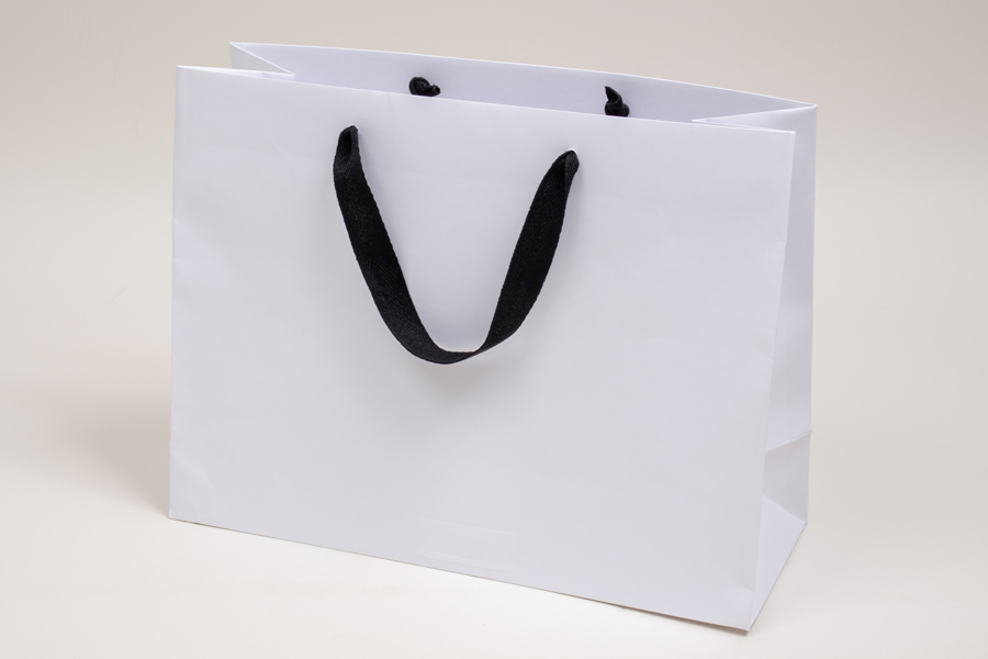 16 x 6 x 12 MATTE WHITE PAPER EUROTOTES - BLACK TWILL RIBBON HANDLES