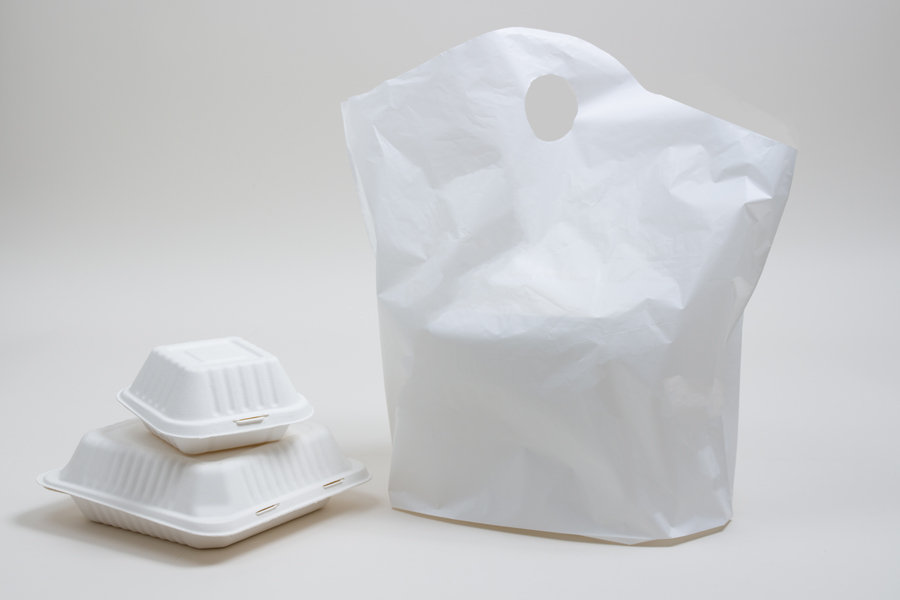 19 x 19 x 10 WHITE PLASTIC WAVETOP TAKEOUT BAGS WITH DIE-CUT HANDLES