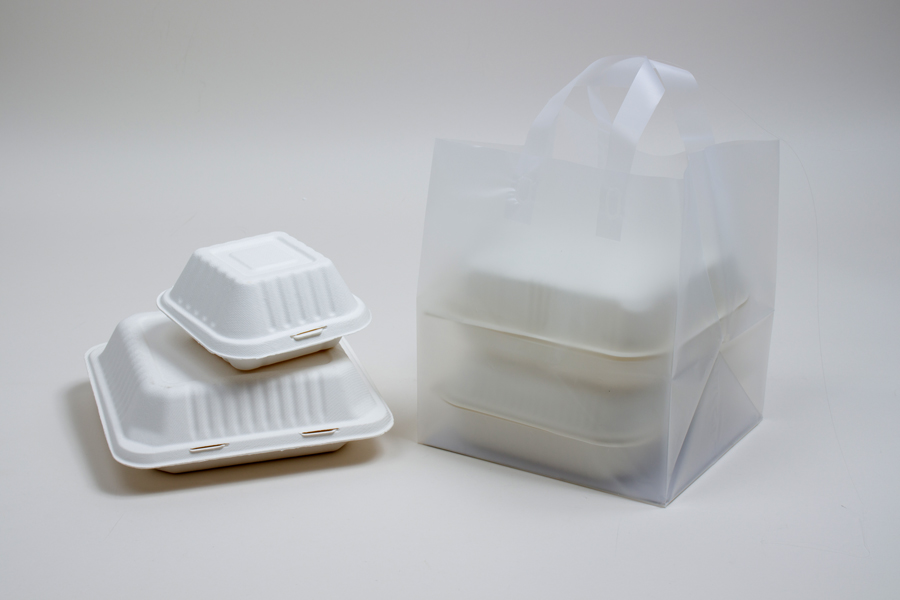 9x8x10 FROSTED CLEAR PLASTIC TAKEOUT BAGS WITH SOFT LOOP HANDLES - 2.50 mil