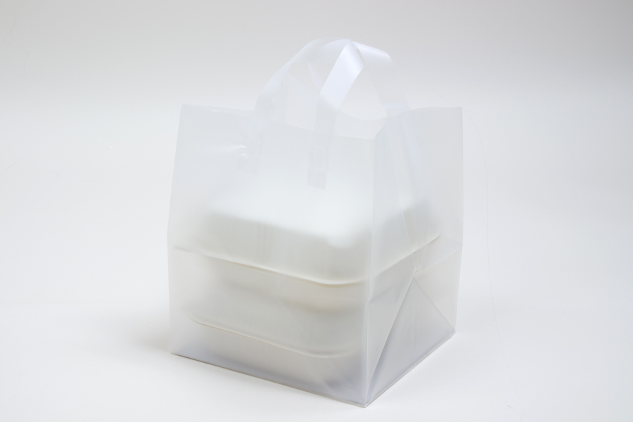 9x8x10 Frosted Clear Plastic Takeout Bags with Soft Loop Handles