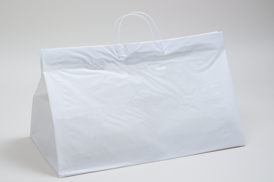 19x10x12 WHITE PLASTIC CATERING BAGS WITH CLIP LOOP HANDLES - 2.50 mil