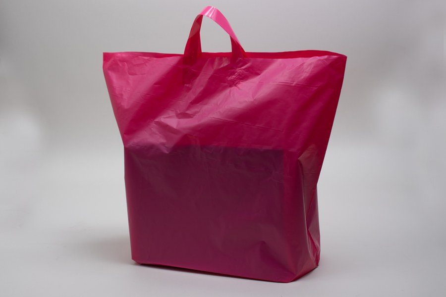 22 x 18 + 8 HOT PINK FROSTED SOFT LOOP HANDLE AMERITOTE PLASTIC BAGS - 2.25 mil