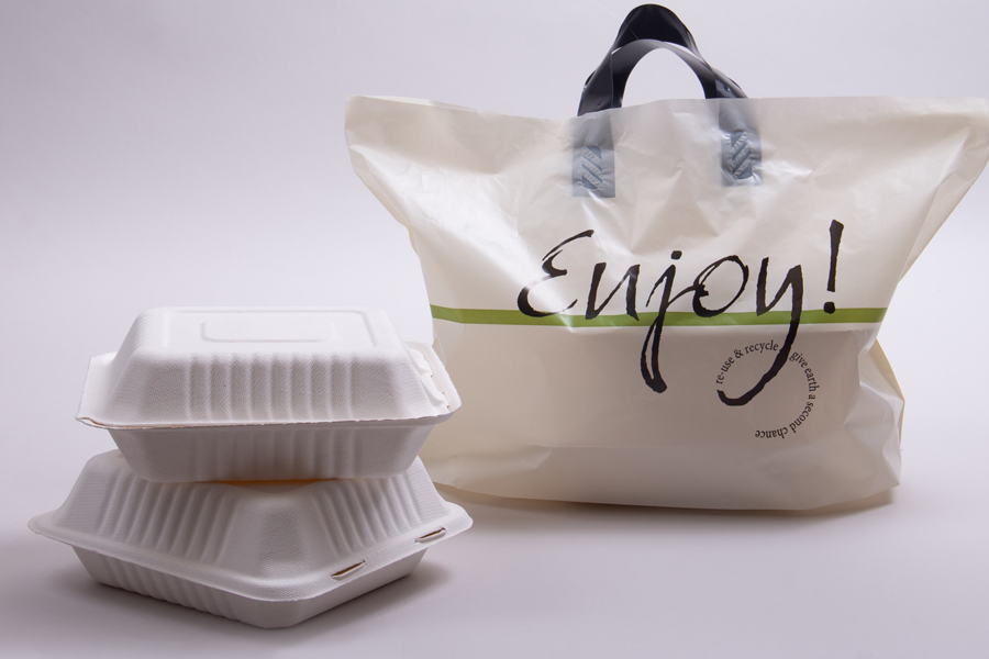 19 x 12 x 9 CREAM “ENJOY” SOFT LOOP HANDLE AMERITOTE PLASTIC CARRYOUT BAGS - 1.75 mil