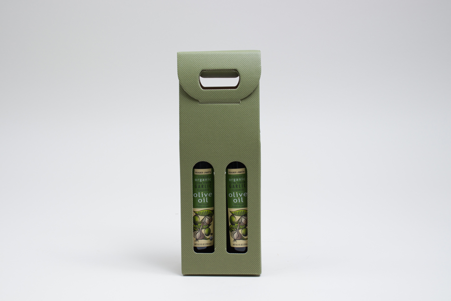 5.125 X 2.5 X 13.25” - 6.625 X 2.125 X 12” SAGE GREEN OLIVE OIL BOTTLE CARRIERS WITH WINDOWS - 375ML