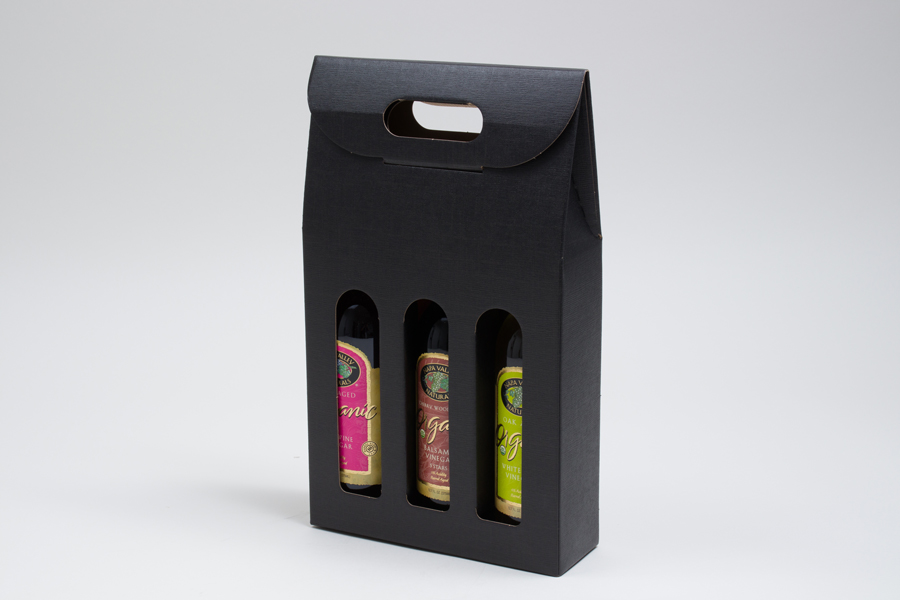 7.875 X 2.5 X  13.25” - 375ml  BLACK LINEN OLIVE OIL BOTTLE CARRIERS WITH WINDOWS - 3 (375ML) BOTTLES