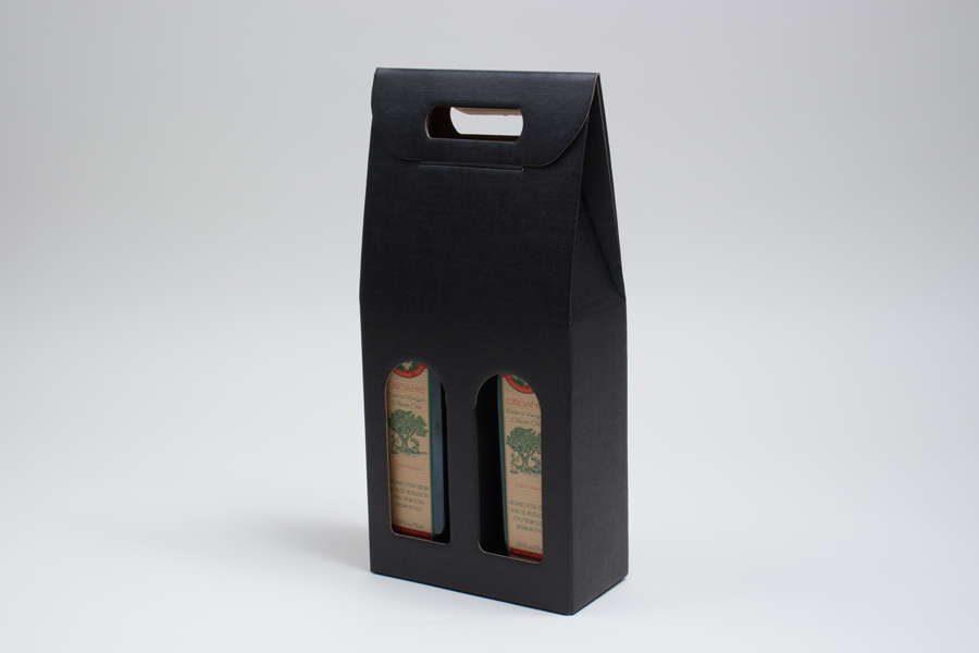 7 X 3.5 X 15” BLACK LINEN WINE BOTTLE BOXES WITH WINDOWS - 2 (750ML) BOTTLES