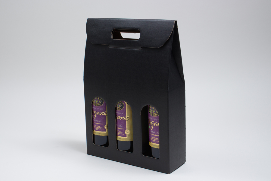 10.625 X 3.5 X 15” BLACK LINEN WINE BOTTLE BOXES WITH WINDOWS - 3 (750ML) BOTTLES
