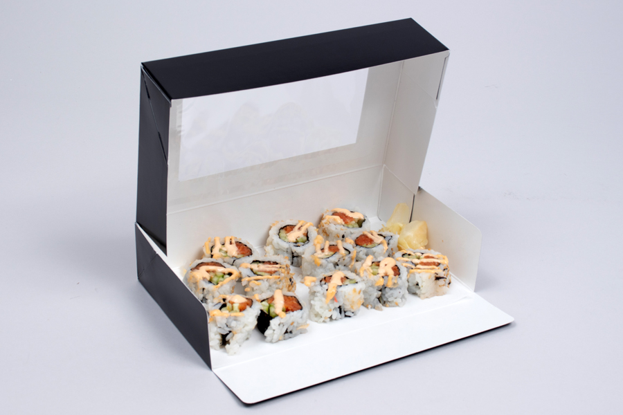 8.5 X 5.25 X 2 BLACK GLOSS SUSHI BOXES WITH VIEW WINDOWS