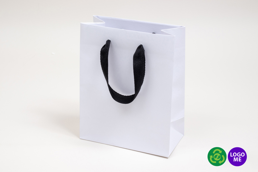 8 x 4 x 10 MATTE WHITE PAPER EUROTOTE SHOPPING BAGS - BLACK TWILL RIBBON HANDLES