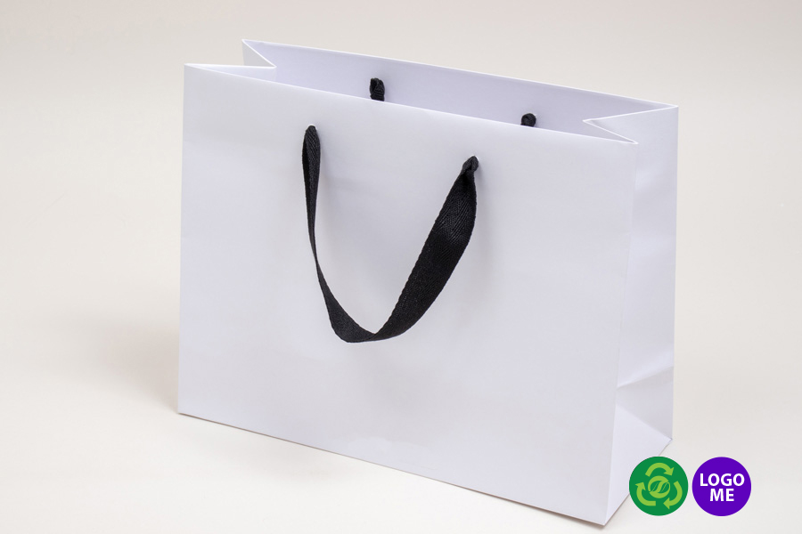 13 x 5 x 10 MATTE WHITE PAPER EUROTOTE SHOPPING BAGS - BLACK TWILL RIBBON HANDLES