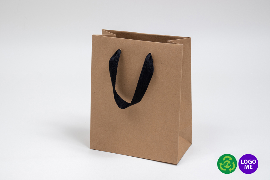 8 x 4 x 10 NATURAL KRAFT PAPER EUROTOTE SHOPPING BAGS - BLACK TWILL RIBBON HANDLES