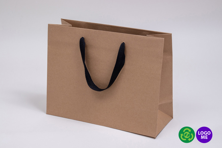 13 x 5 x 10 NATURAL KRAFT PAPER EUROTOTE SHOPPING BAGS - BLACK TWILL RIBBON HANDLES