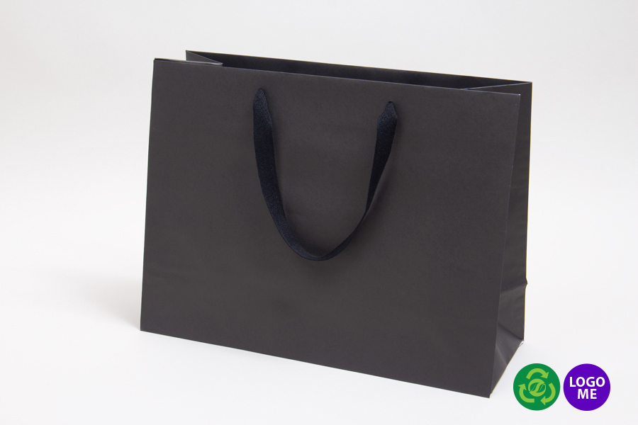 16 x 6 x 12 MATTE BLACK TINTED PAPER EUROTOTE SHOPPING BAGS - TWILL RIBBON HANDLES