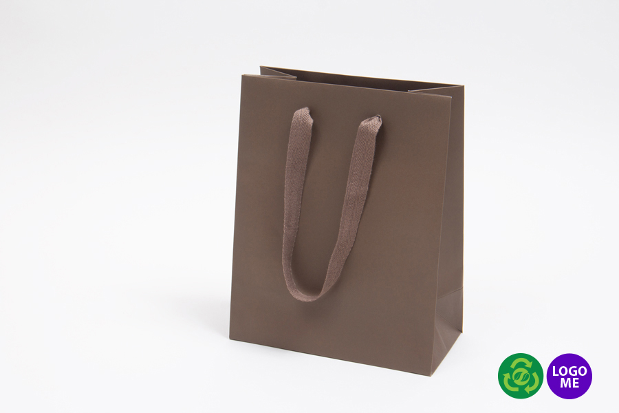 8 x 4 x 10 MATTE CHOCOLATE TINTED PAPER EUROTOTE SHOPPING BAGS - TWILL RIBBON HANDLES