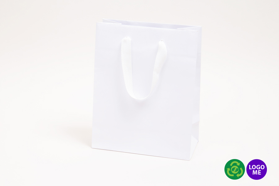 8 x 4 x 10 MATTE WHITE TINTED PAPER EUROTOTE - TWILL RIBBON HANDLES