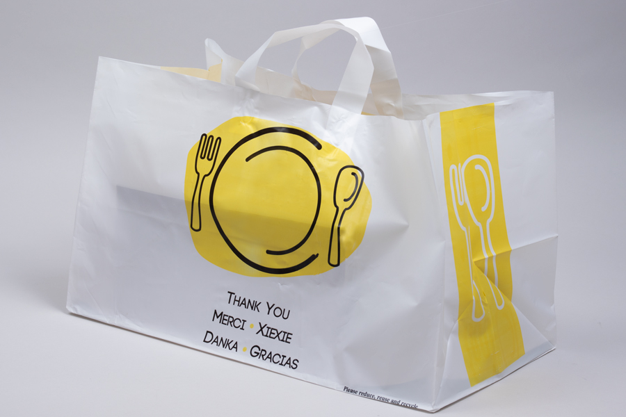 19 x 10 x 12 THANK YOU WHITE PLASTIC HIGH-DENSITY SOFT LOOP TAKEOUT BAGS - 2.75 mil