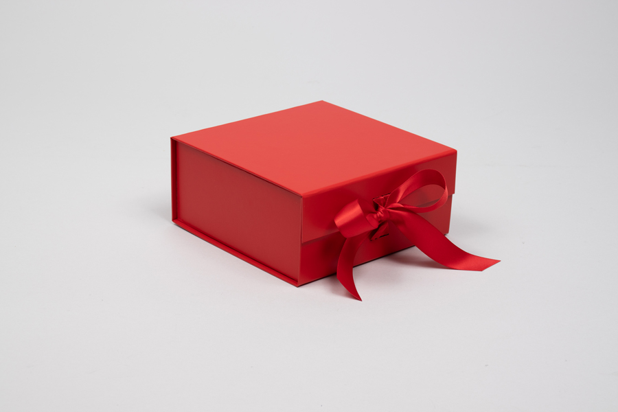 6 x 6 x 2-3/4  MATTE RED MAGNETIC LID GIFT BOXES WITH RIBBON