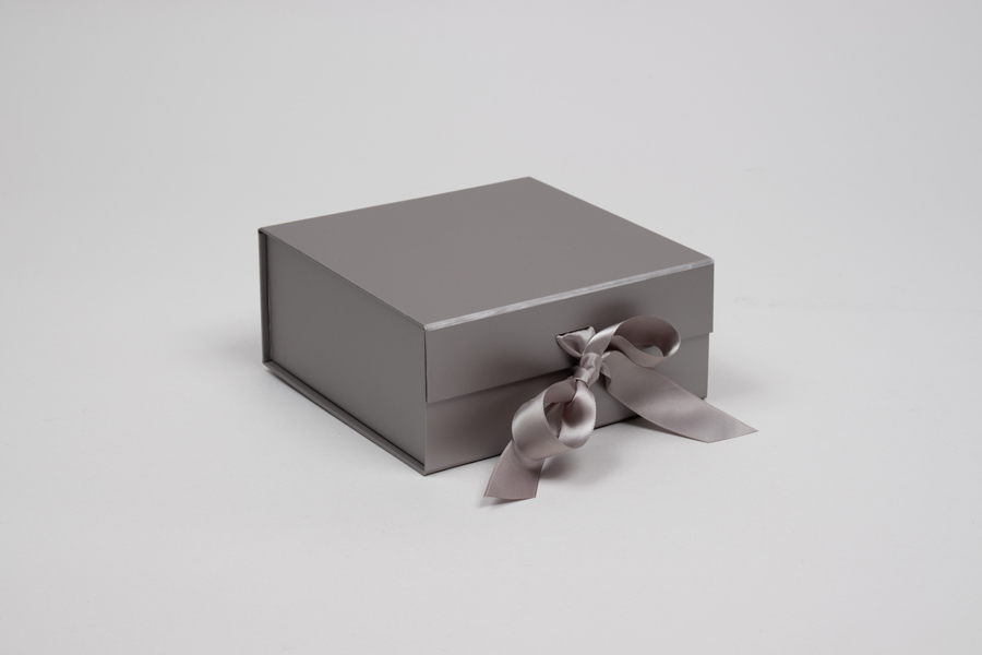 6 x 6 x 2-3/4  MATTE SILVER MAGNETIC LID GIFT BOXES WITH RIBBON