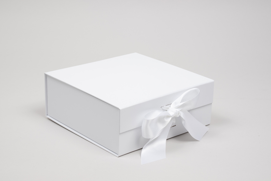 8 x 8 x 3-1/8  MATTE WHITE MAGNETIC LID GIFT BOXES WITH RIBBON