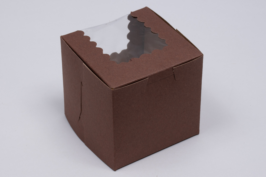 4 x 4 x 4  CHOCOLATE BROWN CUPCAKE BOXES WITH WINDOWS