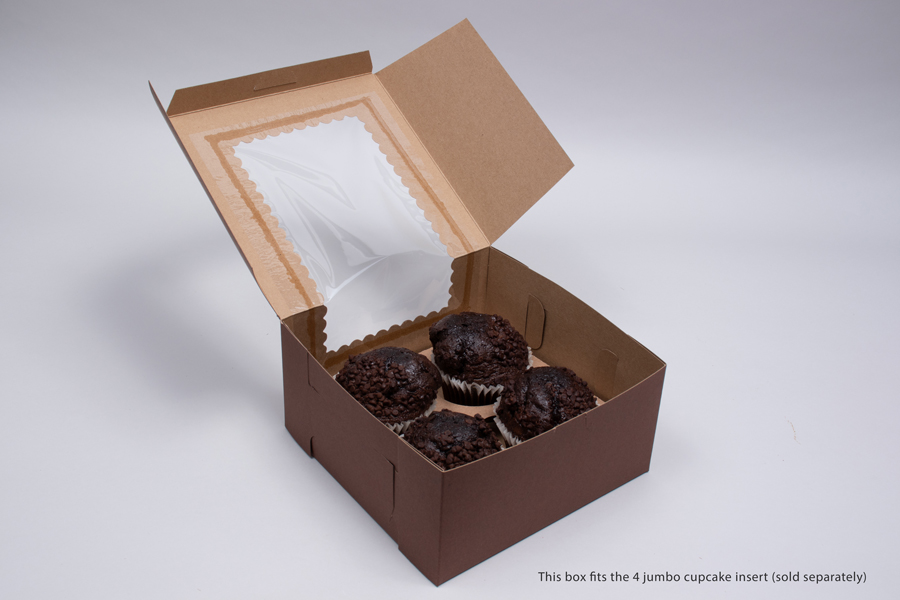 8 x 8 x 4 Chocolate Brown Cupcake Boxes With Windows