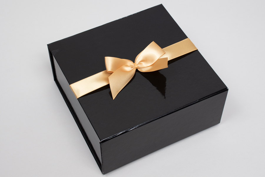 4-1/2 x 2-3/4” PRE-TIED BOW – SELF-ADHESIVE 1-1/2” GOLD RIBBON FOR 8” x 8” MAGNETIC BOX