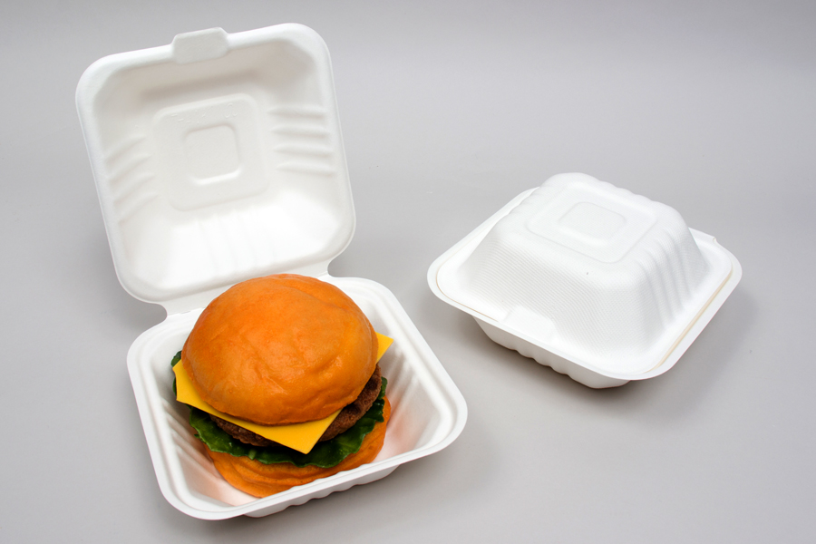 6 x 6 x 3-1/5 BAGASSE COMPOSTABLE CLAMSHELL FOOD TAKEOUT BOXES