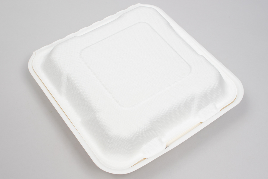 7-7/8 x 8 x 2-1/2 BAGASSE COMPOSTABLE CLAMSHELL FOOD TAKEOUT BOXES – 3 COMPARTMENT