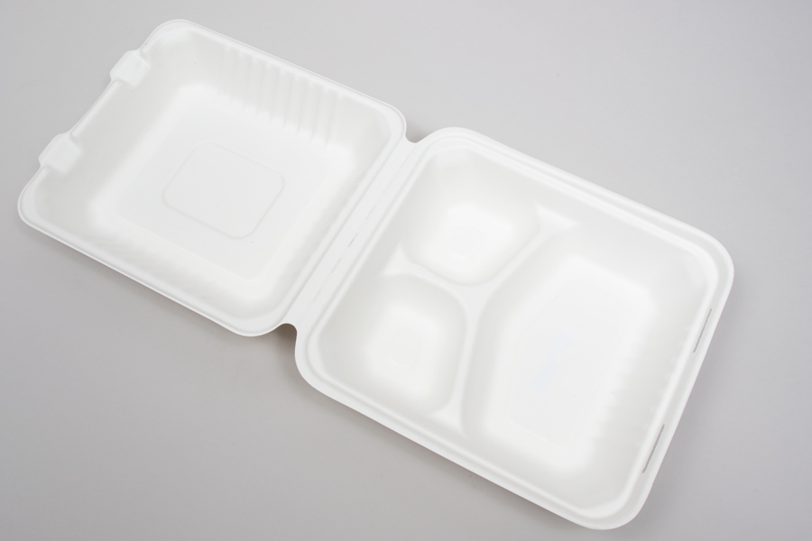 7-7/8 x 8 x 3-1/5 BAGASSE COMPOSTABLE CLAMSHELL FOOD TAKEOUT BOXES – 3 COMPARTMENT